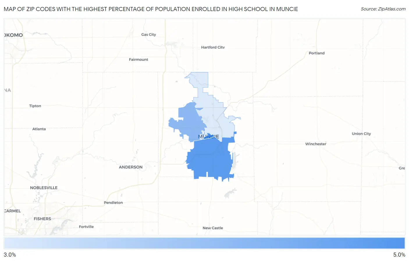 Zip Codes with the Highest Percentage of Population Enrolled in High School in Muncie Map
