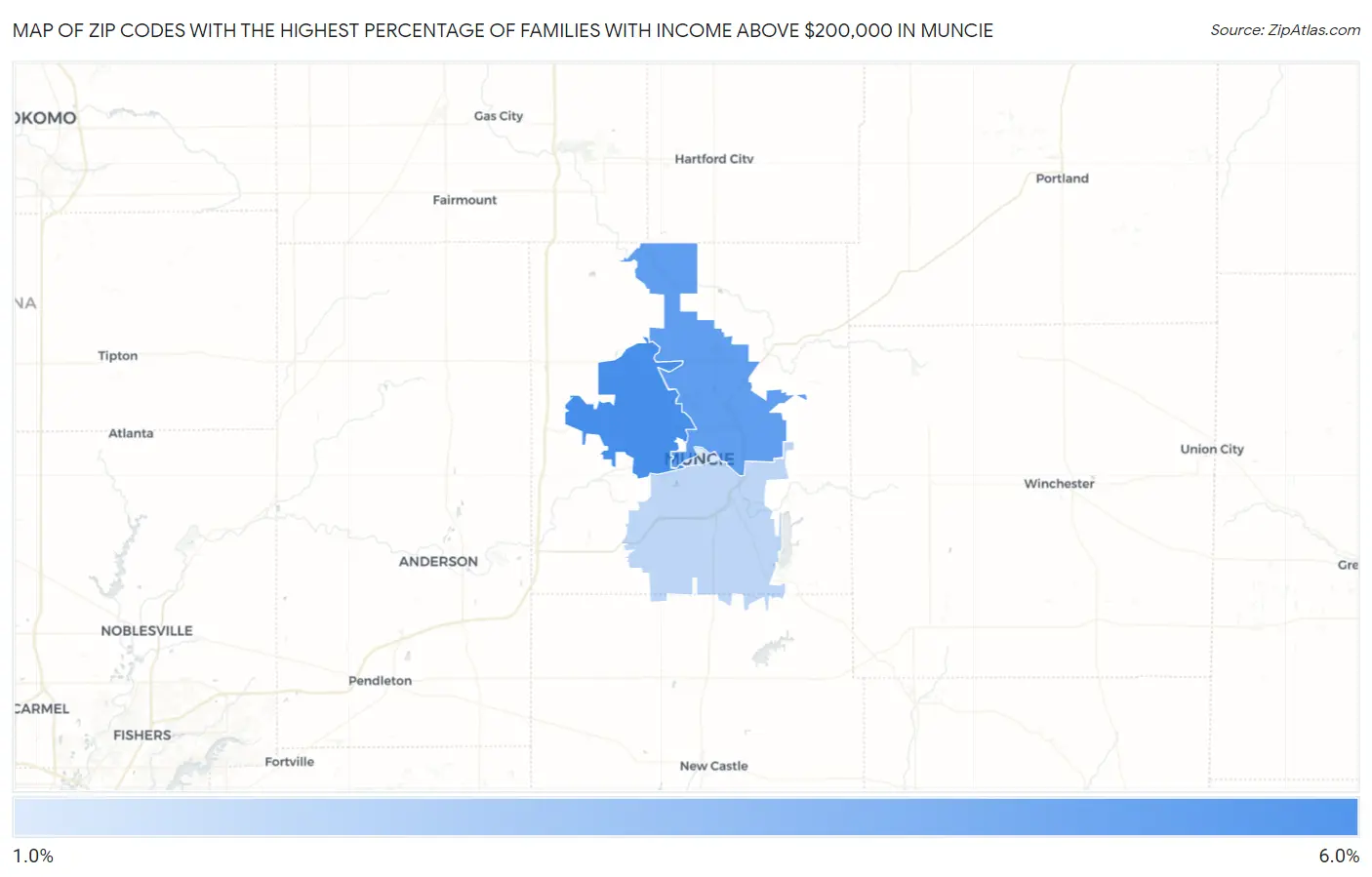 Zip Codes with the Highest Percentage of Families with Income Above $200,000 in Muncie Map