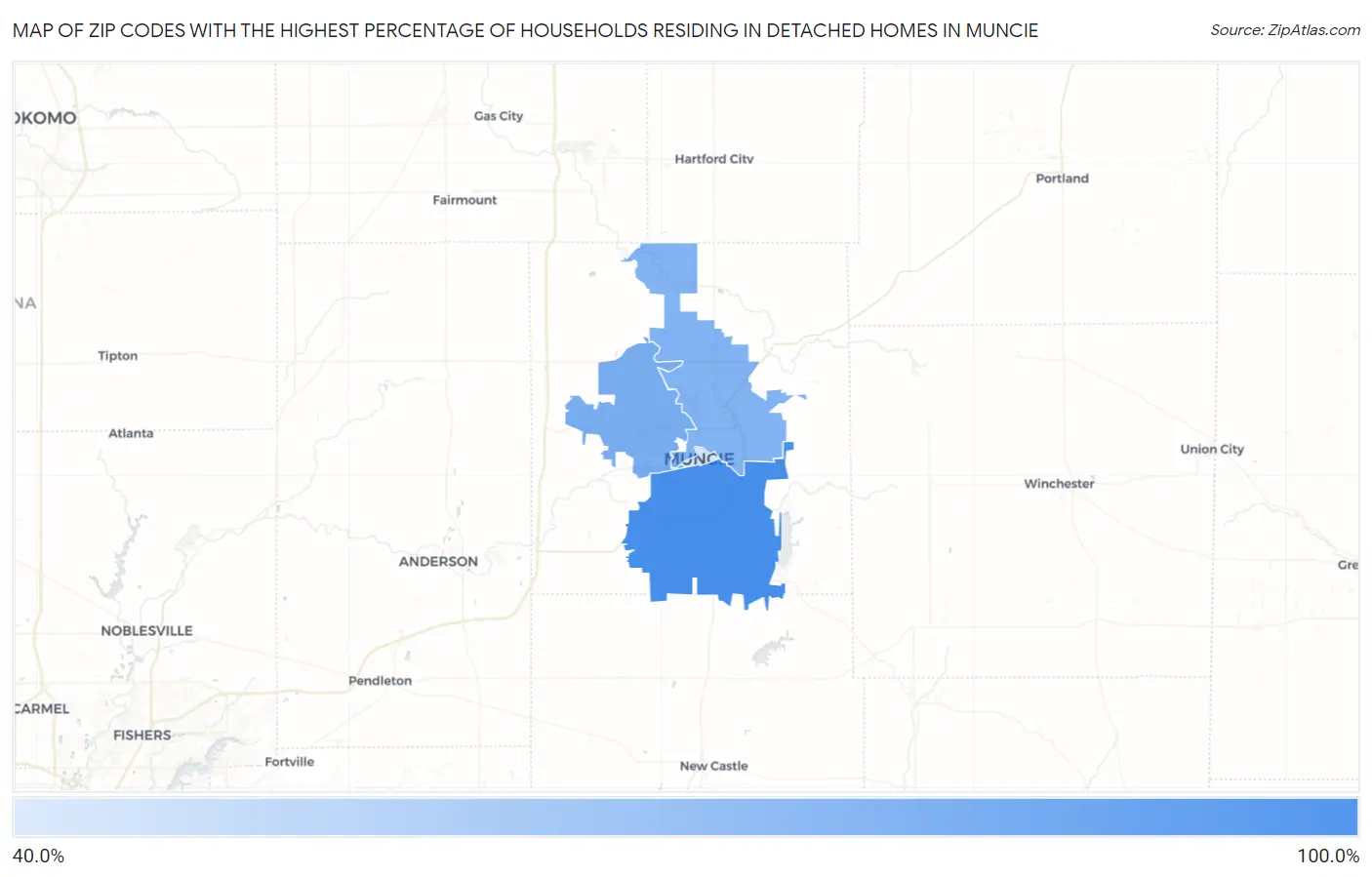 Zip Codes with the Highest Percentage of Households Residing in Detached Homes in Muncie Map