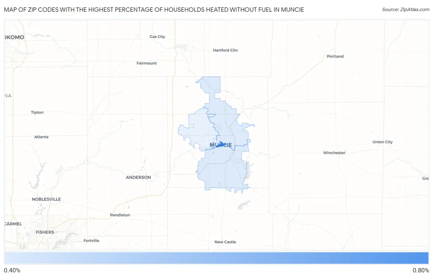 Zip Codes with the Highest Percentage of Households Heated without Fuel in Muncie Map