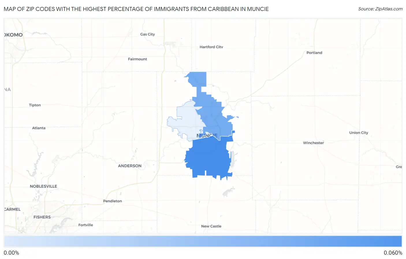 Zip Codes with the Highest Percentage of Immigrants from Caribbean in Muncie Map