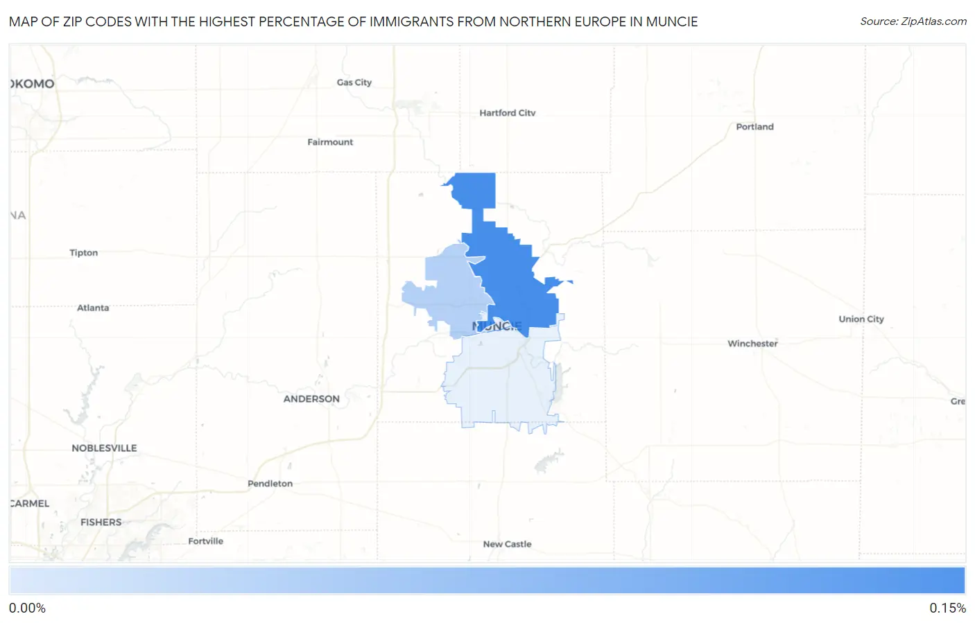 Zip Codes with the Highest Percentage of Immigrants from Northern Europe in Muncie Map