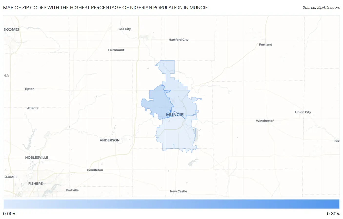 Zip Codes with the Highest Percentage of Nigerian Population in Muncie Map