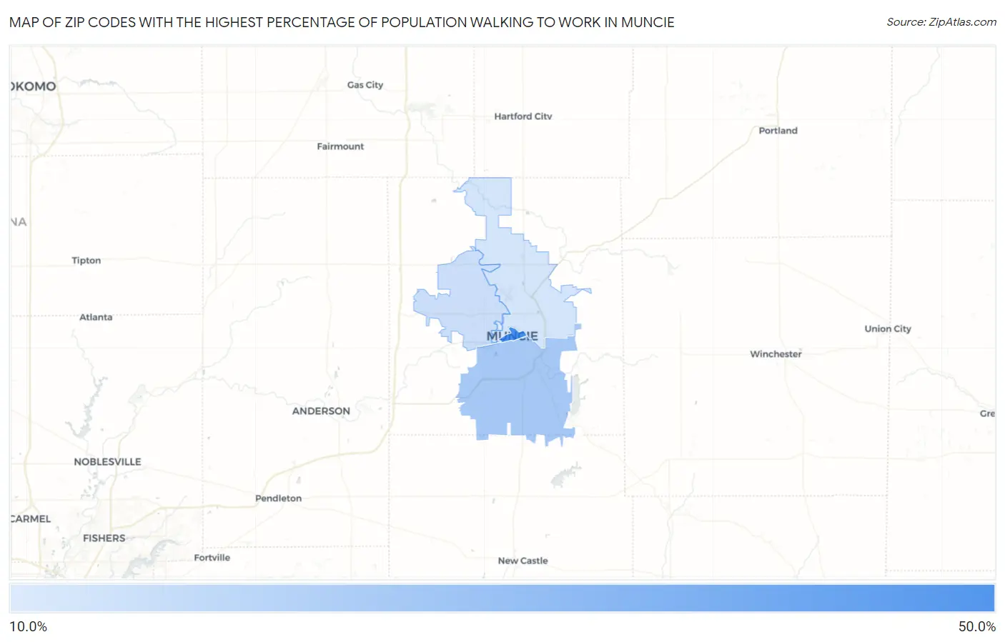 Zip Codes with the Highest Percentage of Population Walking to Work in Muncie Map