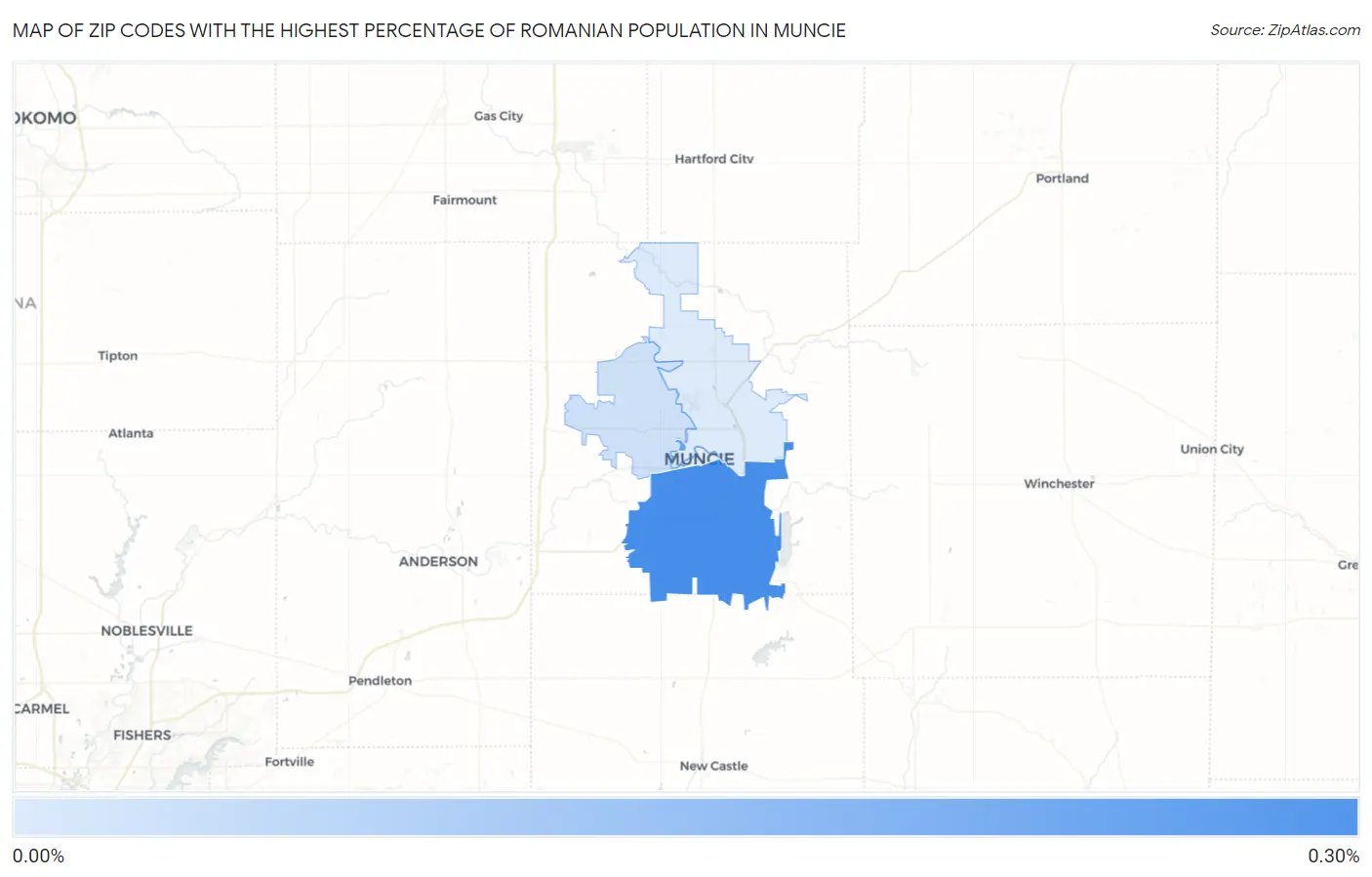 Zip Codes with the Highest Percentage of Romanian Population in Muncie Map