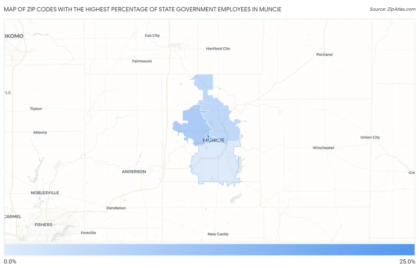 Zip Codes with the Highest Percentage of State Government Employees in Muncie Map