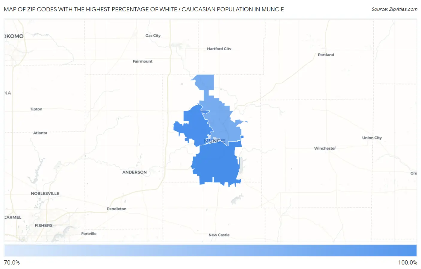 Zip Codes with the Highest Percentage of White / Caucasian Population in Muncie Map