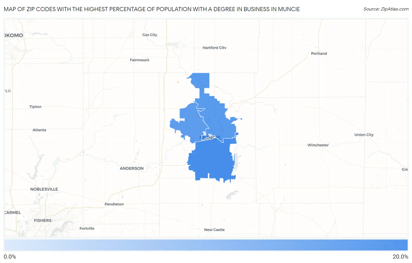 Zip Codes with the Highest Percentage of Population with a Degree in Business in Muncie Map