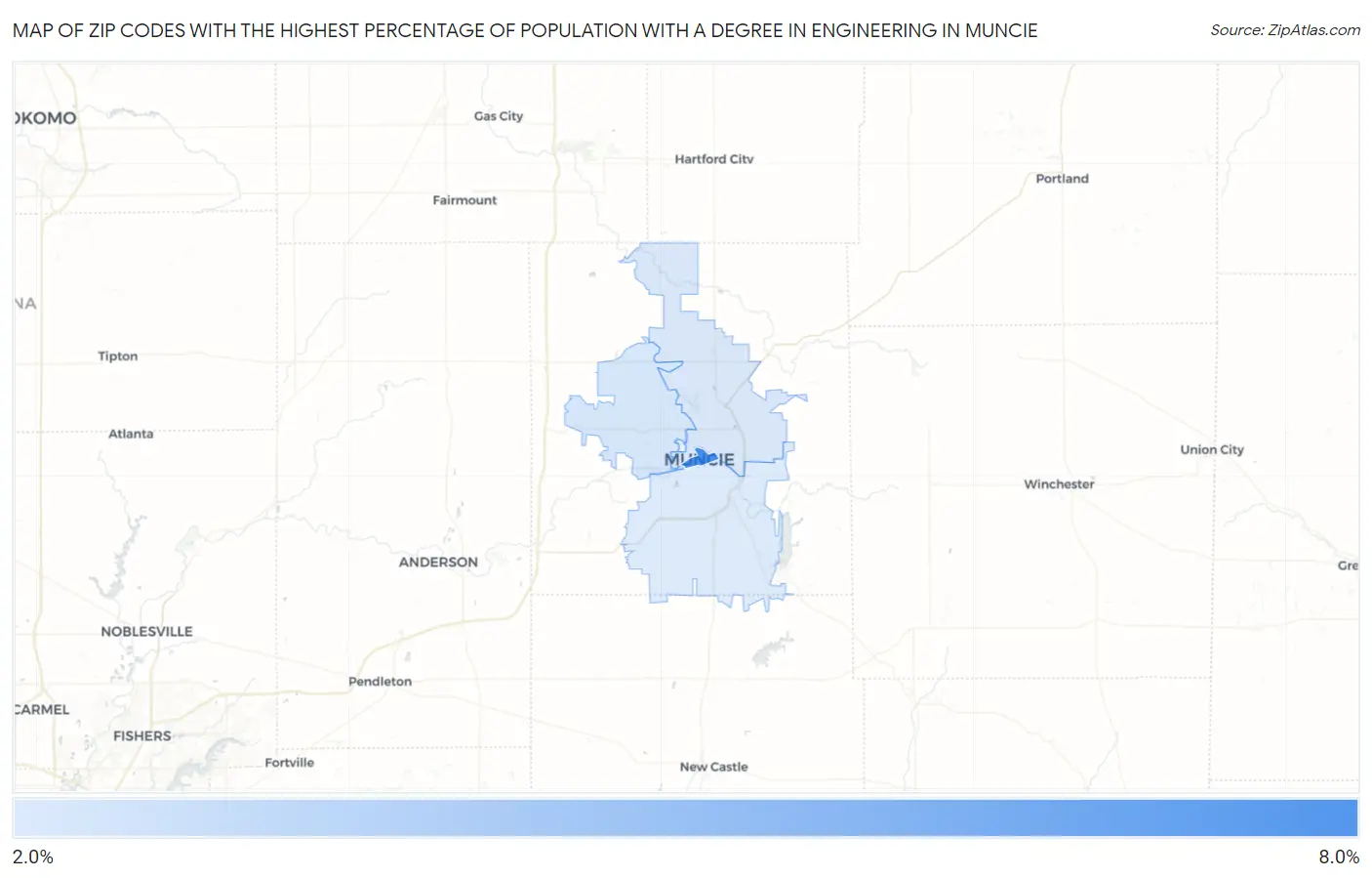 Zip Codes with the Highest Percentage of Population with a Degree in Engineering in Muncie Map