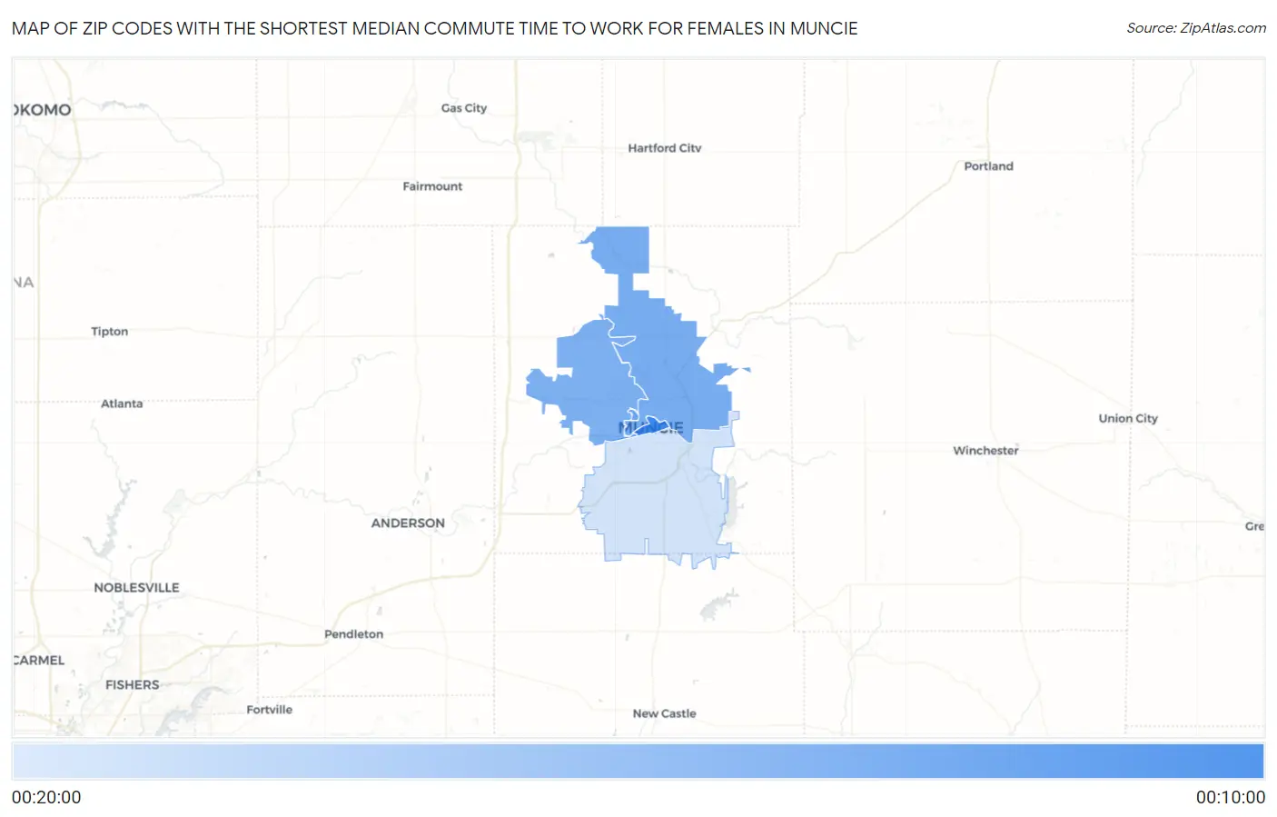 Zip Codes with the Shortest Median Commute Time to Work for Females in Muncie Map