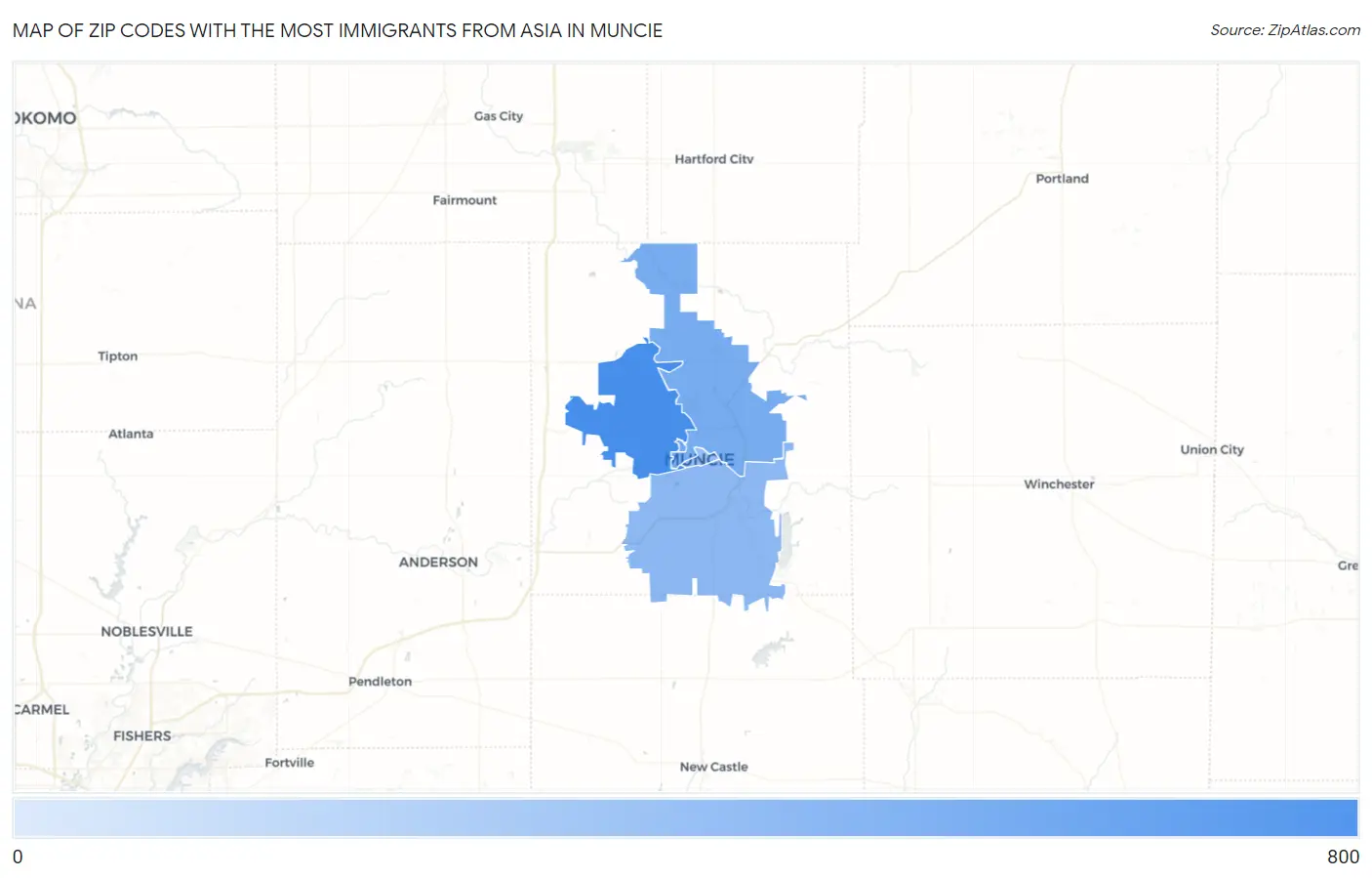 Zip Codes with the Most Immigrants from Asia in Muncie Map