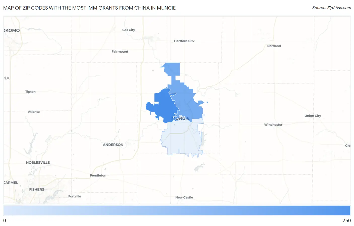 Zip Codes with the Most Immigrants from China in Muncie Map