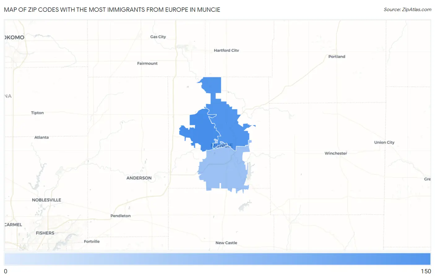 Zip Codes with the Most Immigrants from Europe in Muncie Map