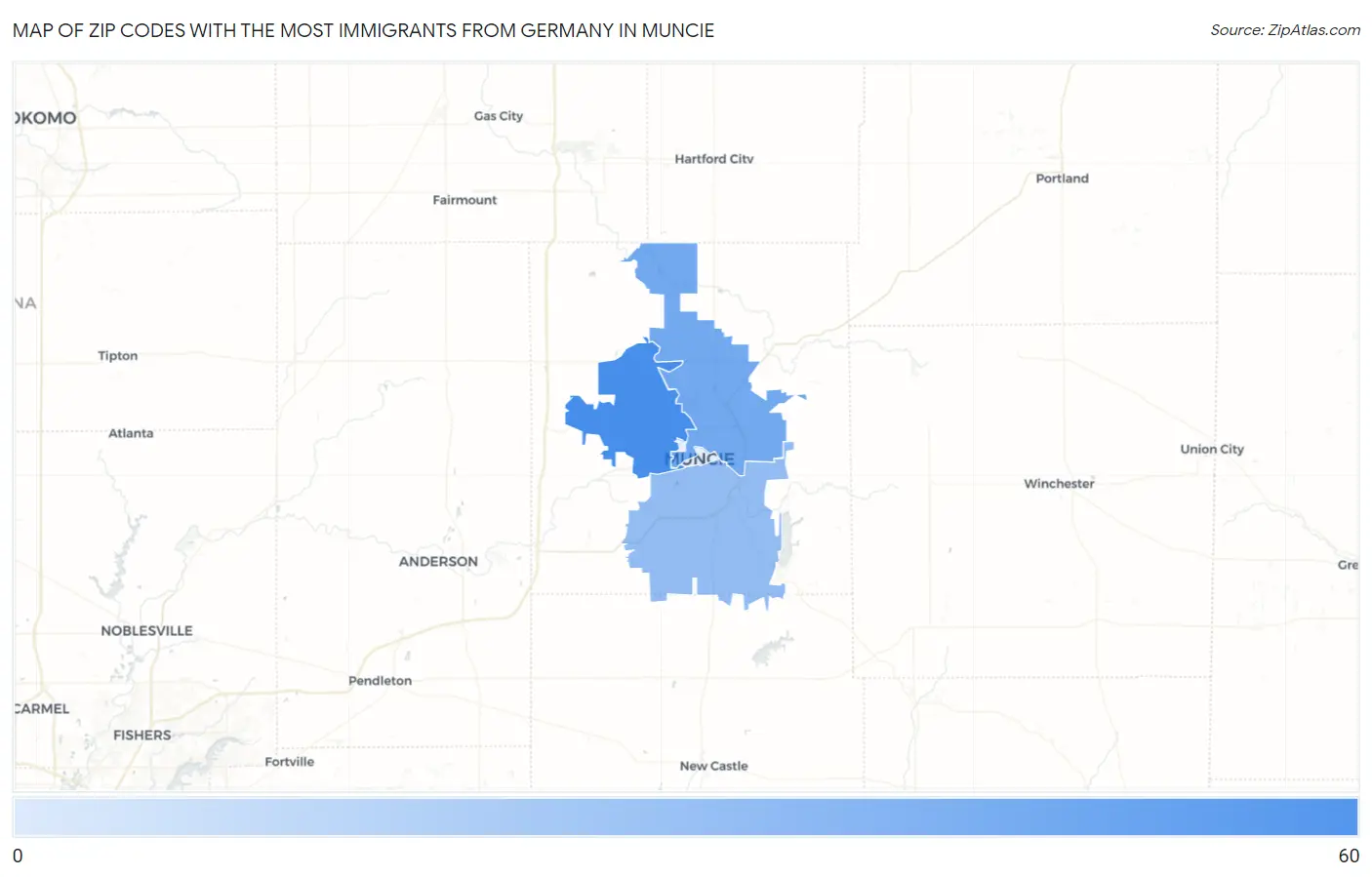 Zip Codes with the Most Immigrants from Germany in Muncie Map