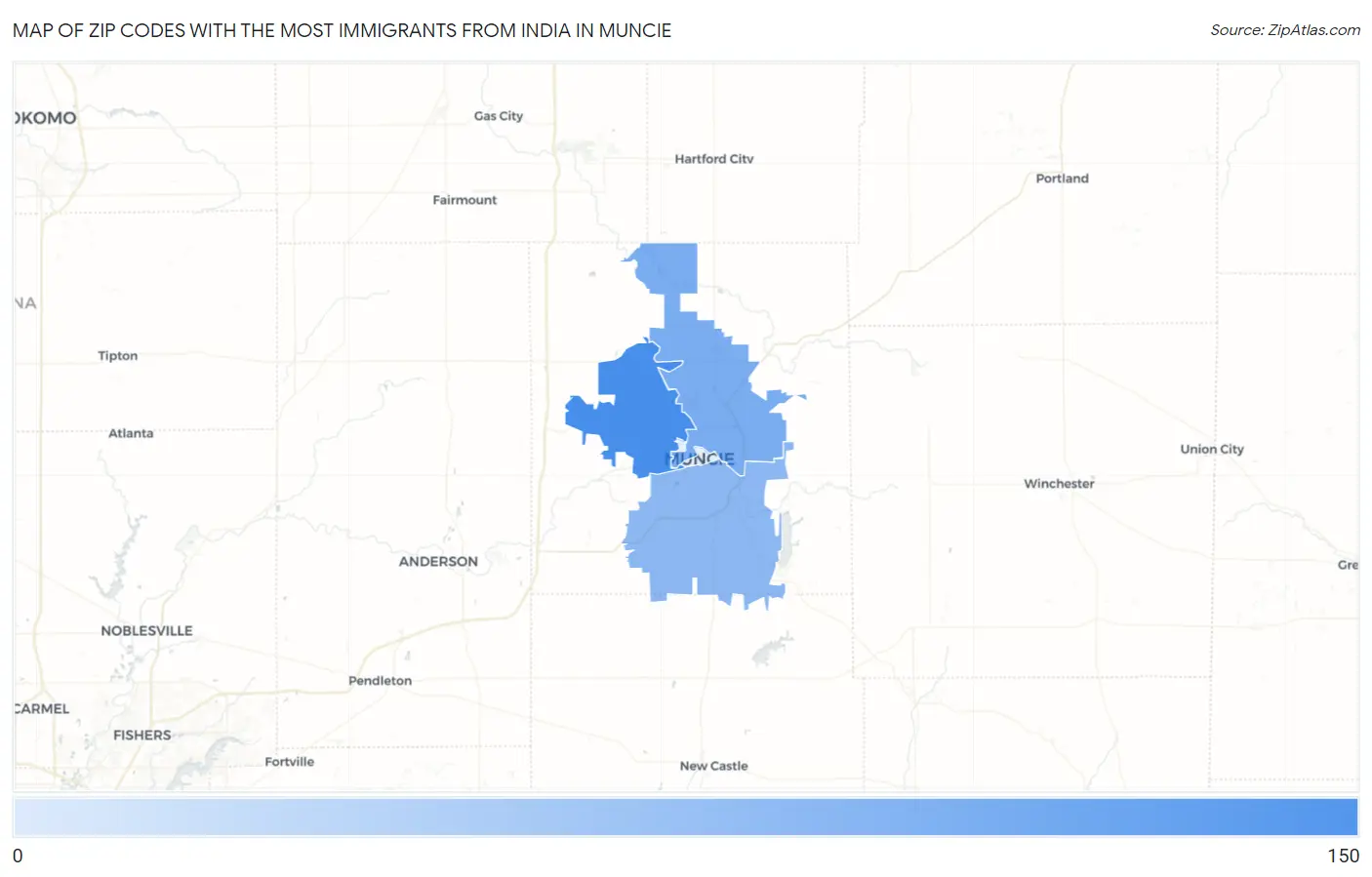 Zip Codes with the Most Immigrants from India in Muncie Map
