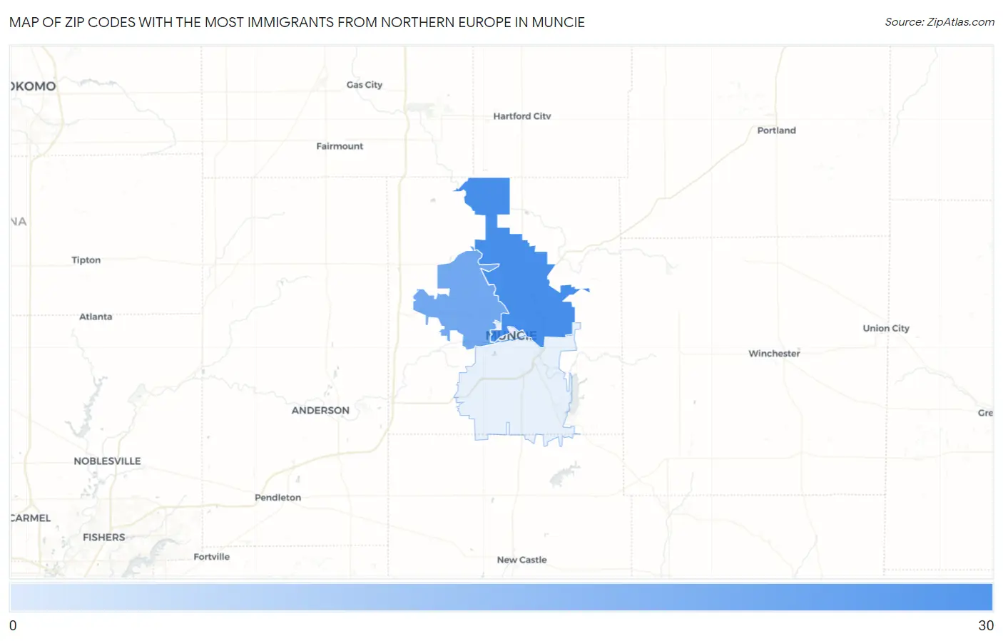 Zip Codes with the Most Immigrants from Northern Europe in Muncie Map