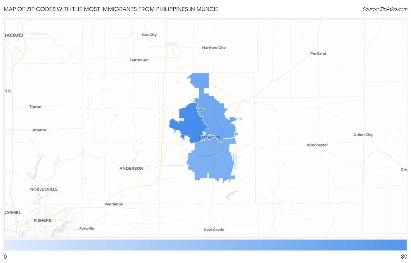 Zip Codes with the Most Immigrants from Philippines in Muncie Map