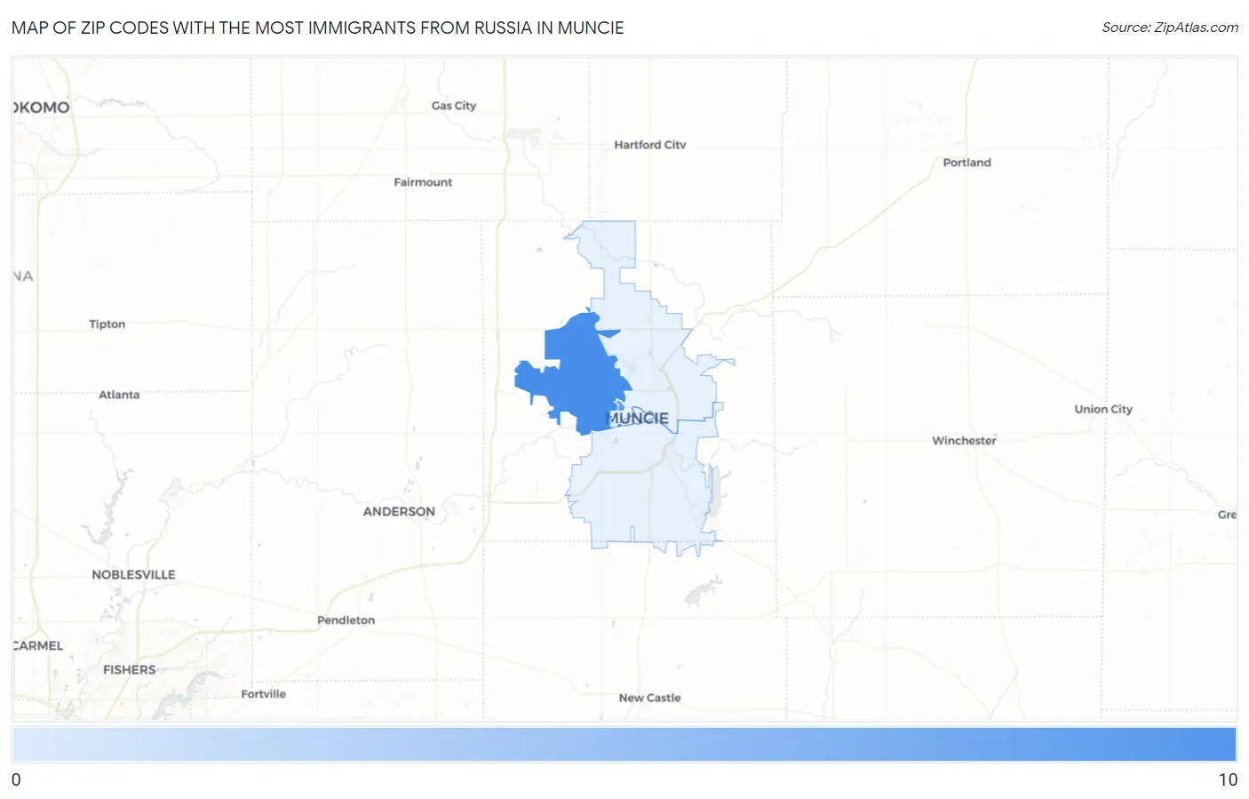 Zip Codes with the Most Immigrants from Russia in Muncie Map