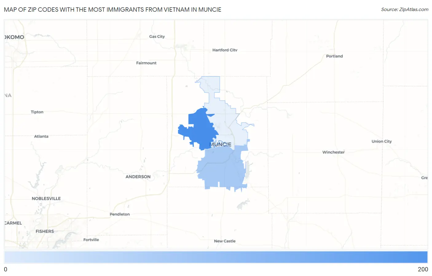 Zip Codes with the Most Immigrants from Vietnam in Muncie Map