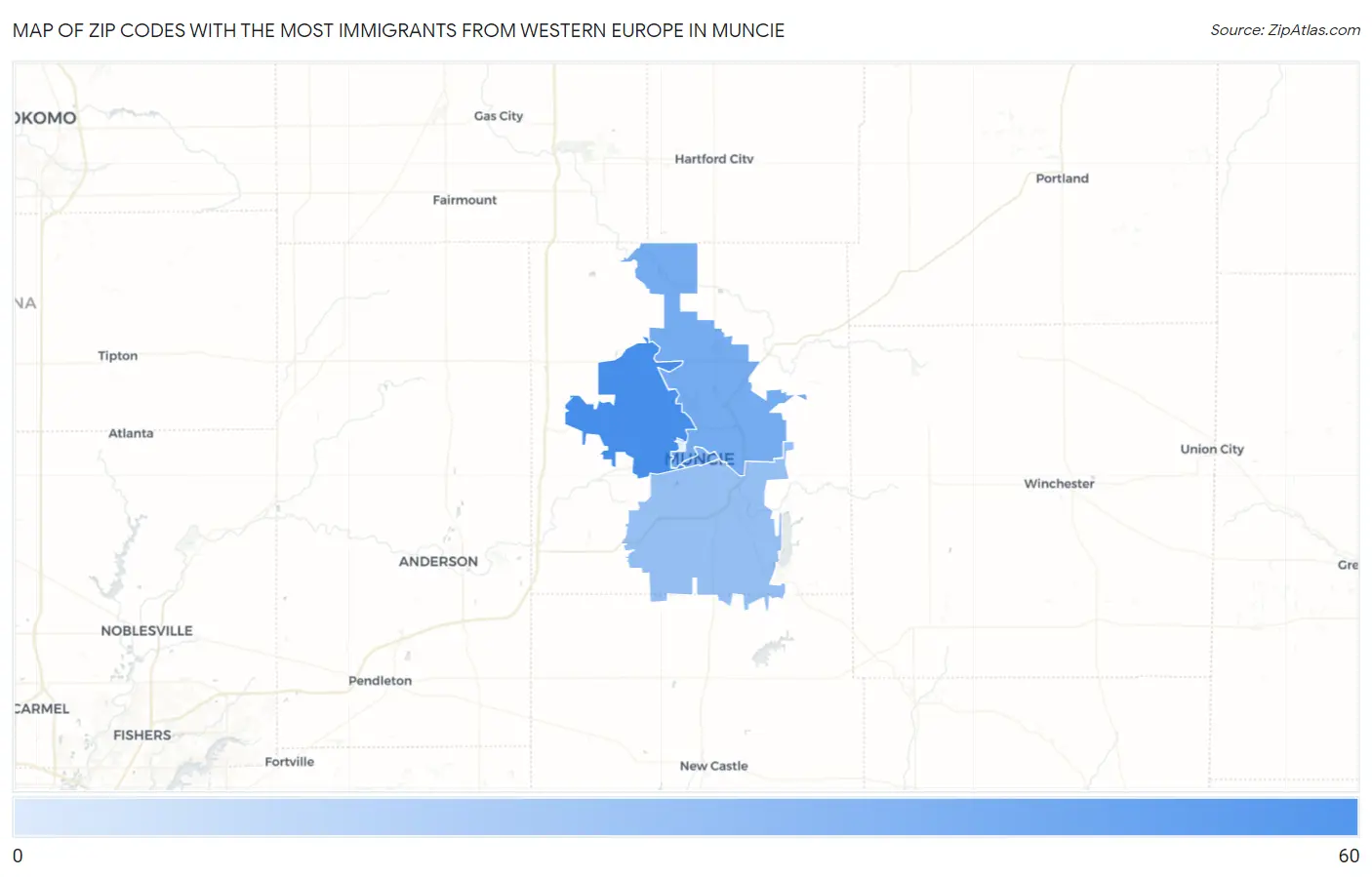 Zip Codes with the Most Immigrants from Western Europe in Muncie Map