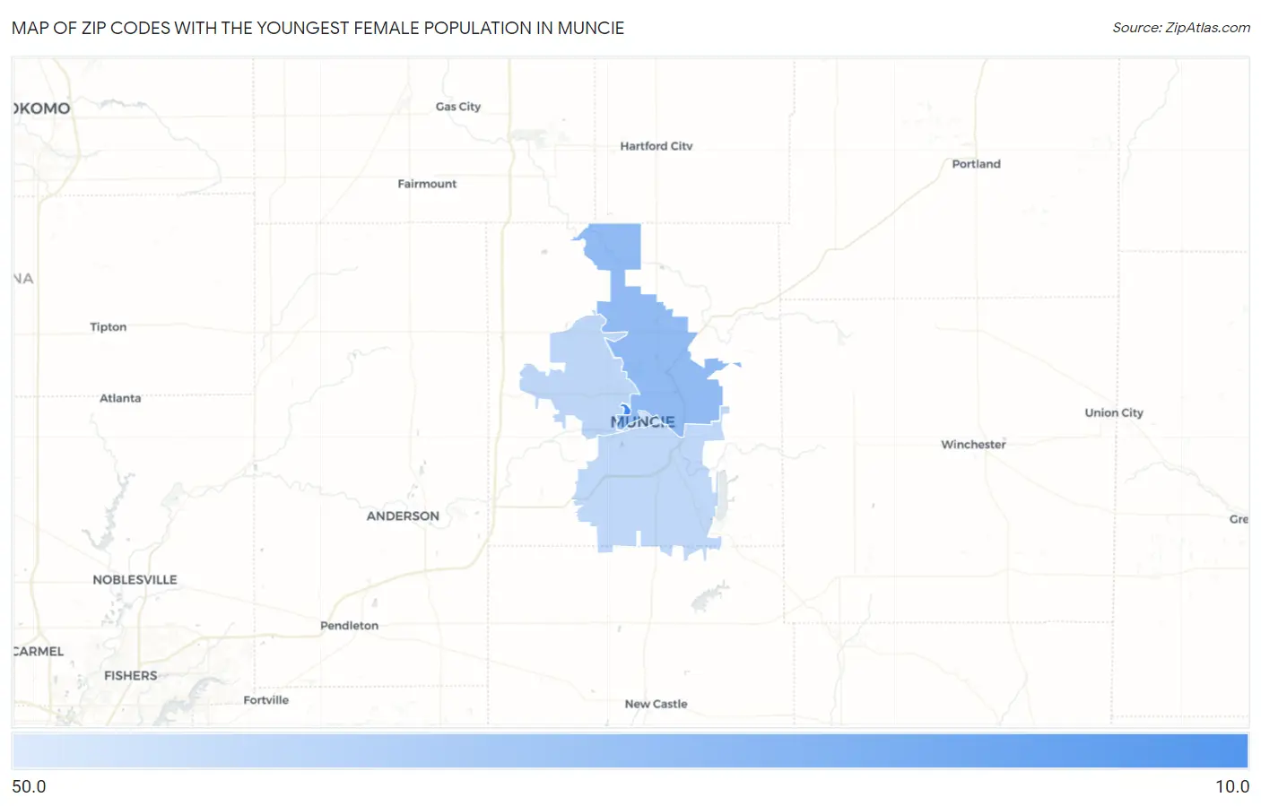 Zip Codes with the Youngest Female Population in Muncie Map