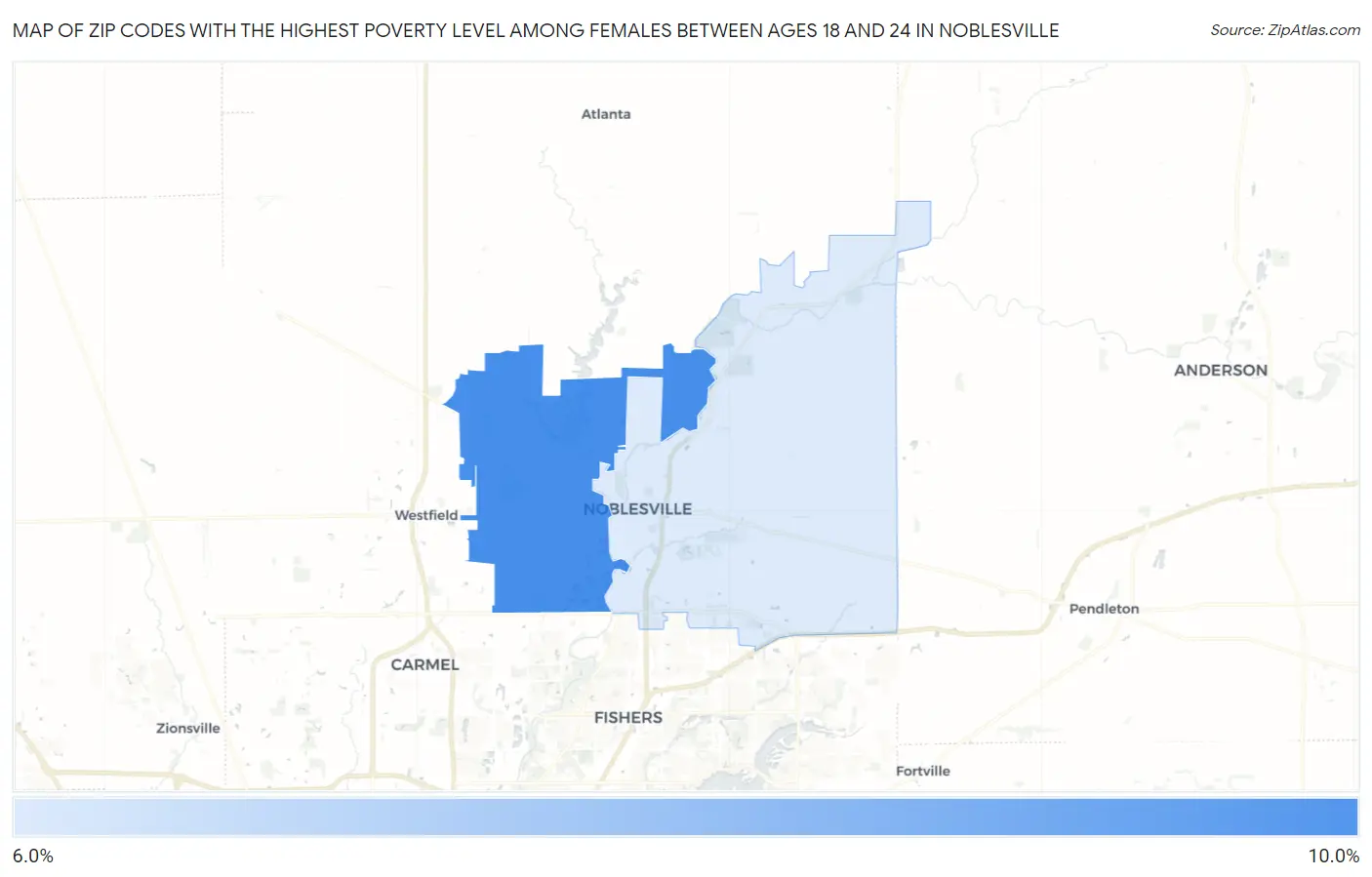 Zip Codes with the Highest Poverty Level Among Females Between Ages 18 and 24 in Noblesville Map