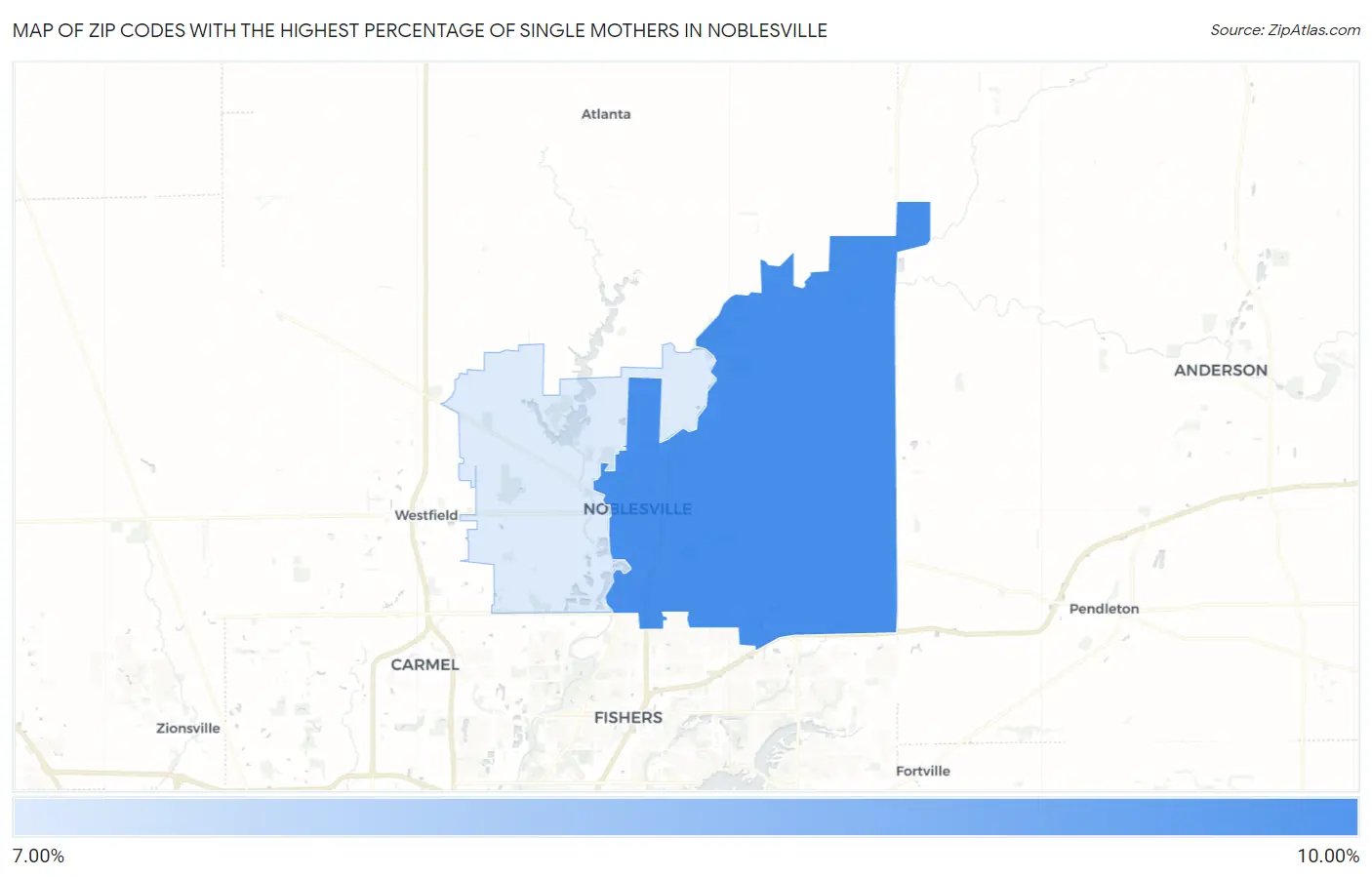Zip Codes with the Highest Percentage of Single Mothers in Noblesville Map