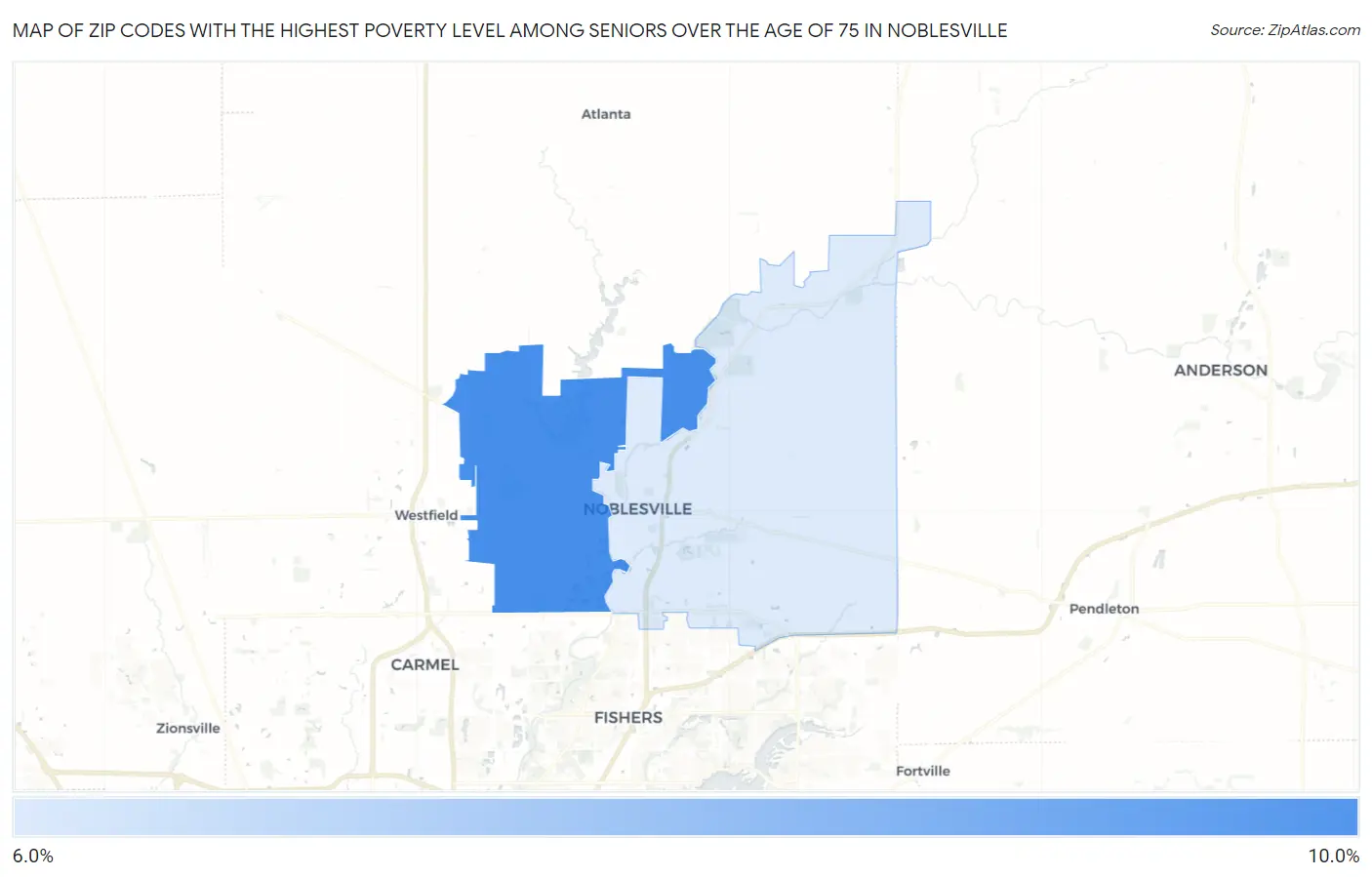 Zip Codes with the Highest Poverty Level Among Seniors Over the Age of 75 in Noblesville Map