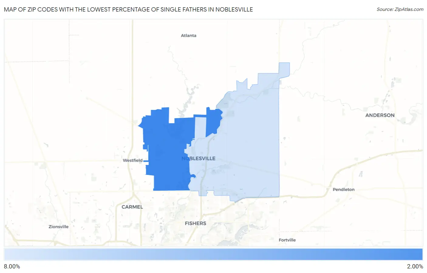 Zip Codes with the Lowest Percentage of Single Fathers in Noblesville Map