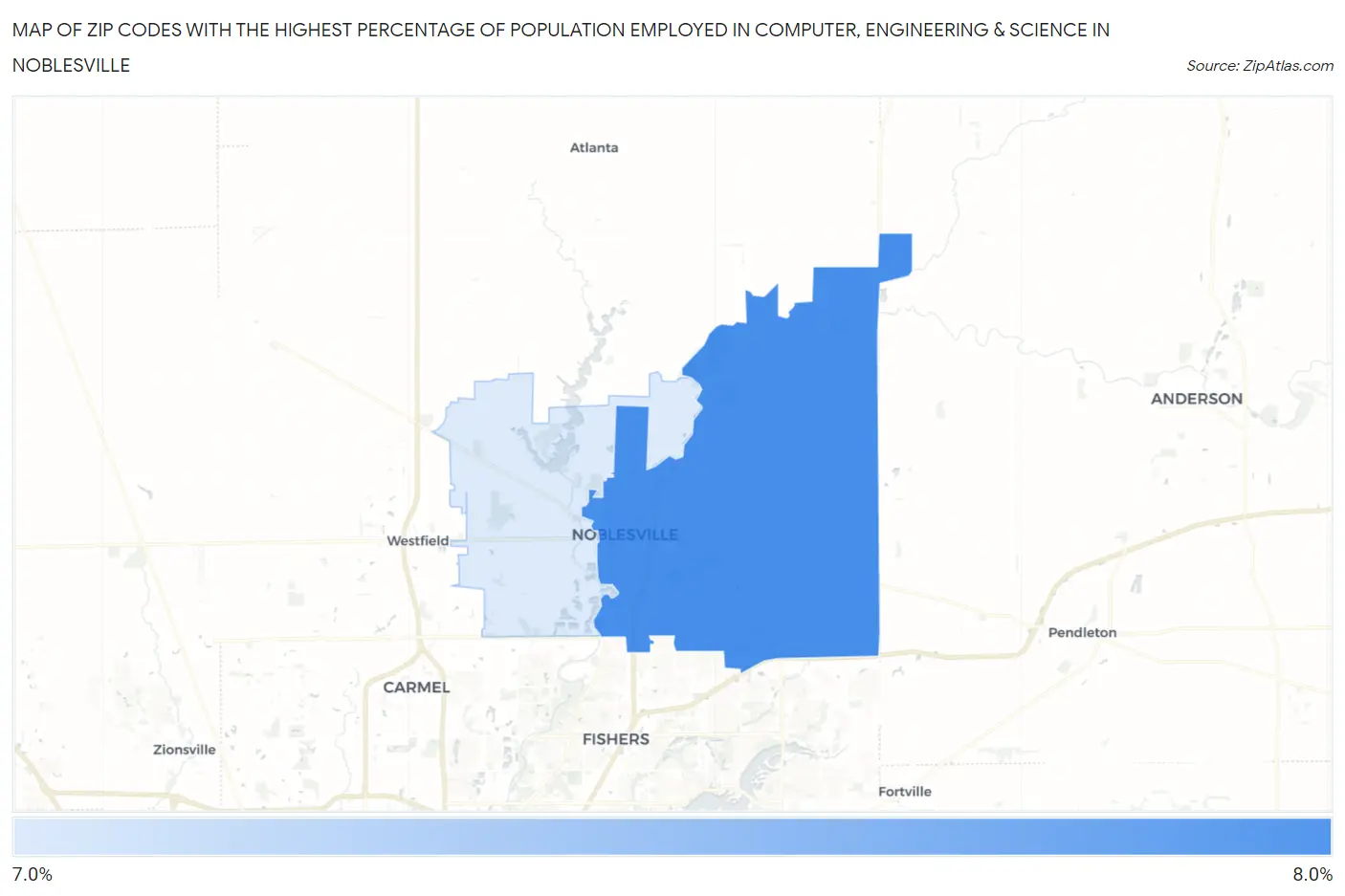 Zip Codes with the Highest Percentage of Population Employed in Computer, Engineering & Science in Noblesville Map