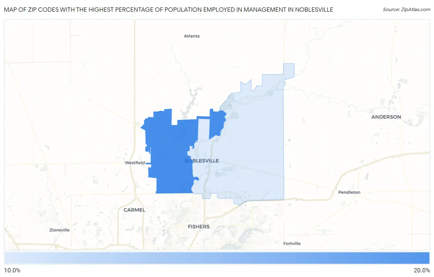 Zip Codes with the Highest Percentage of Population Employed in Management in Noblesville Map