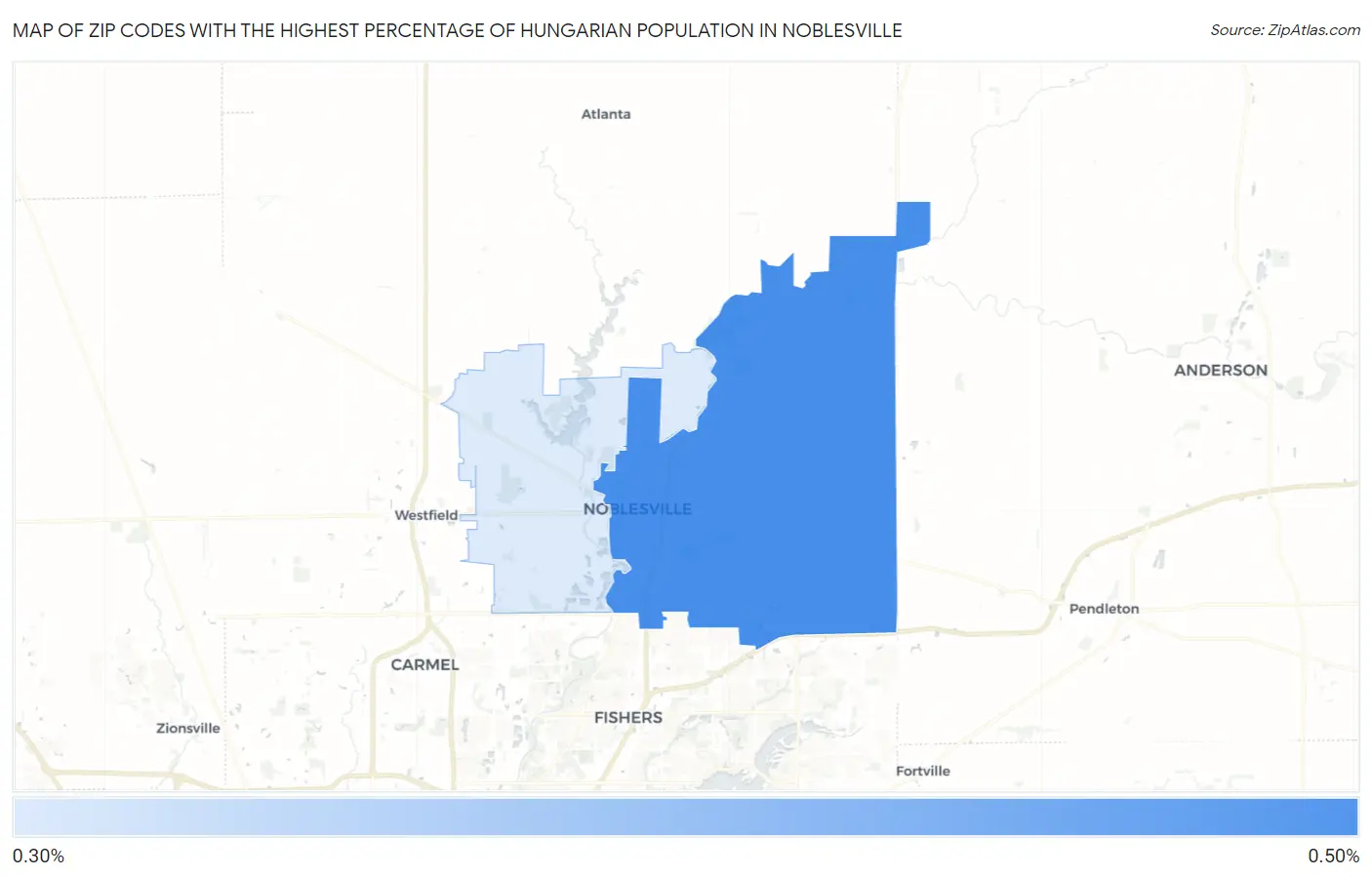 Zip Codes with the Highest Percentage of Hungarian Population in Noblesville Map