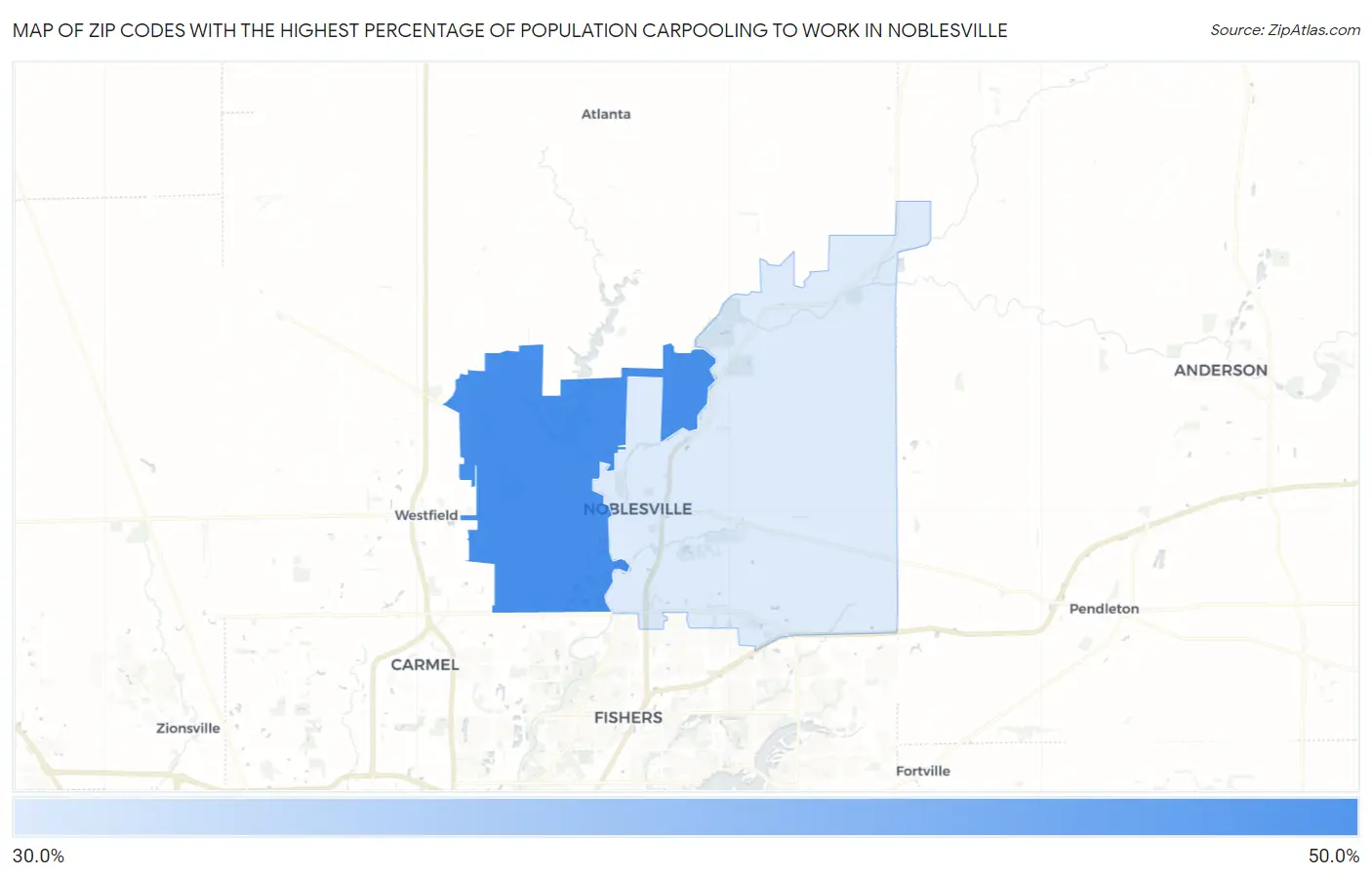 Zip Codes with the Highest Percentage of Population Carpooling to Work in Noblesville Map
