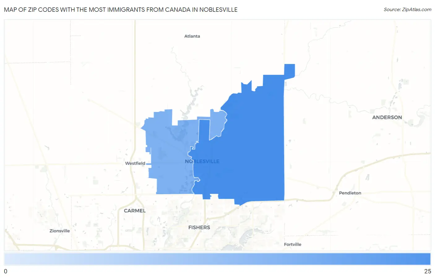 Zip Codes with the Most Immigrants from Canada in Noblesville Map