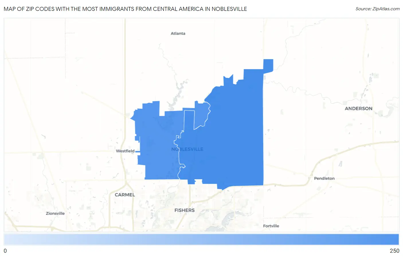 Zip Codes with the Most Immigrants from Central America in Noblesville Map