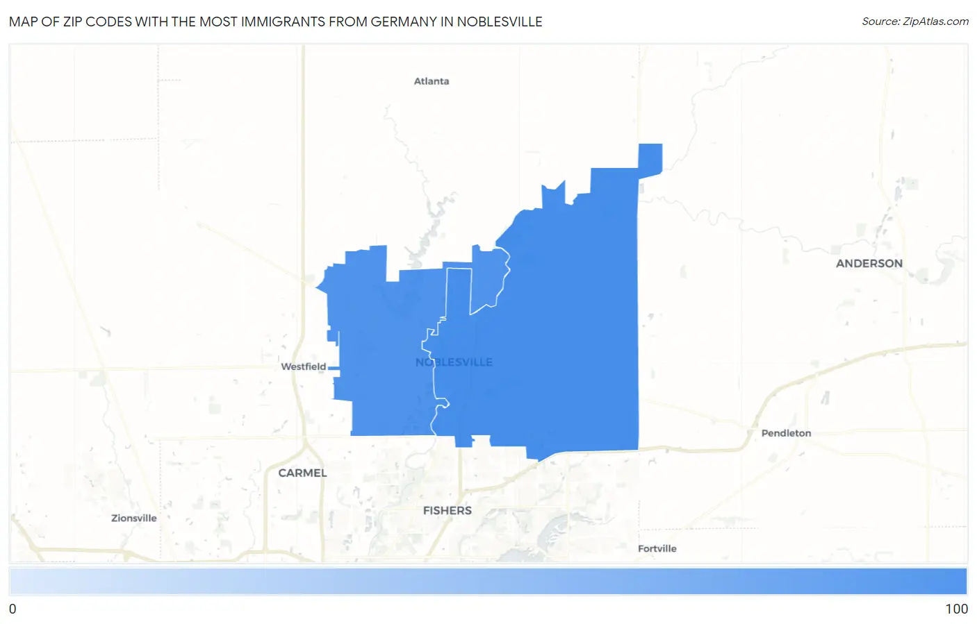 Zip Codes with the Most Immigrants from Germany in Noblesville Map