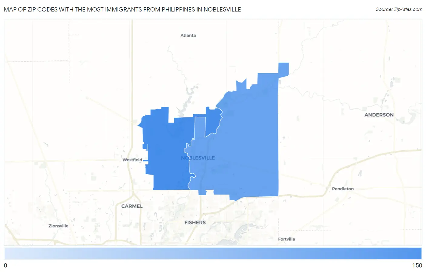 Zip Codes with the Most Immigrants from Philippines in Noblesville Map
