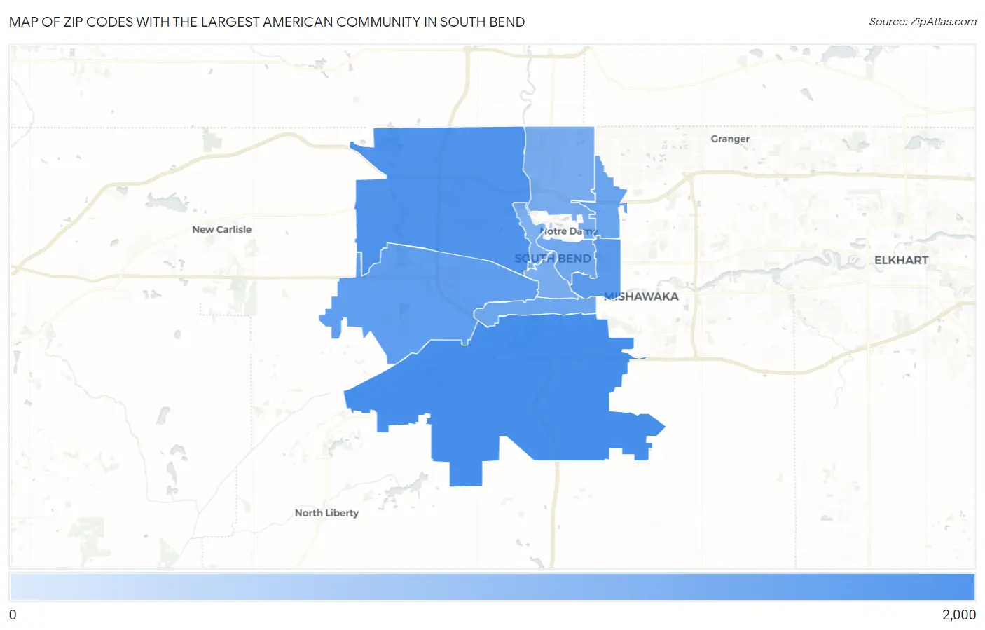 Zip Codes with the Largest American Community in South Bend Map