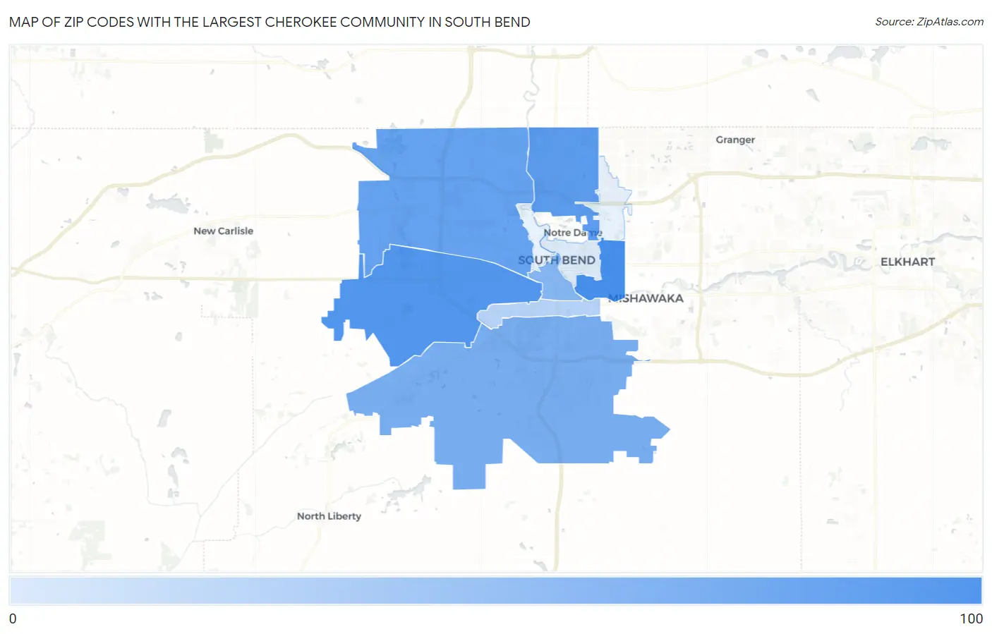 Zip Codes with the Largest Cherokee Community in South Bend Map