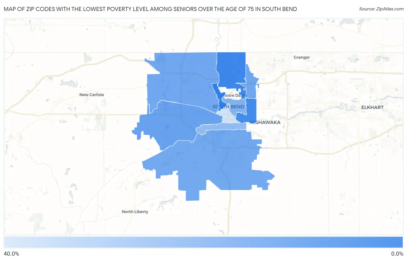 Zip Codes with the Lowest Poverty Level Among Seniors Over the Age of 75 in South Bend Map