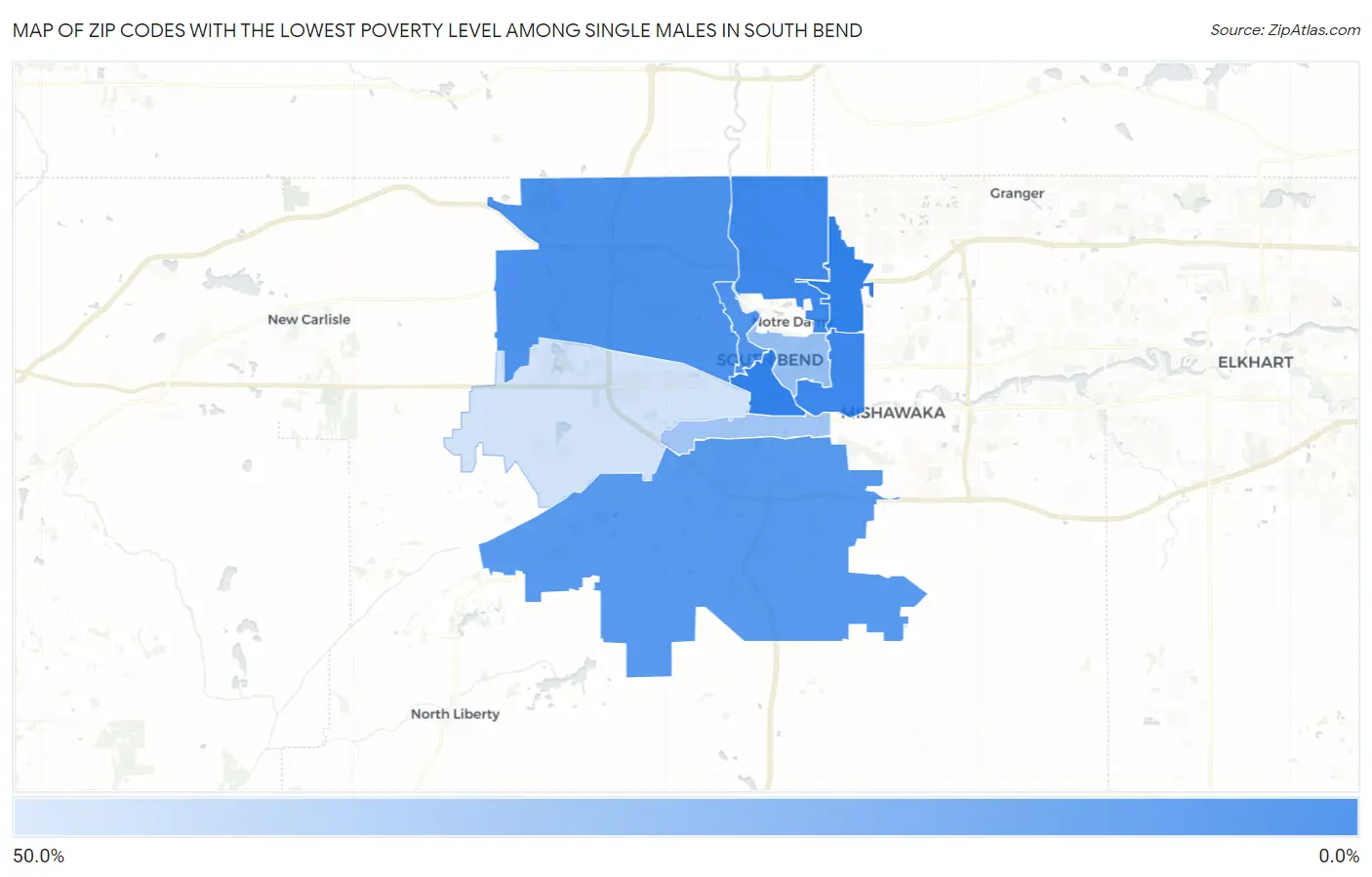 Zip Codes with the Lowest Poverty Level Among Single Males in South Bend Map