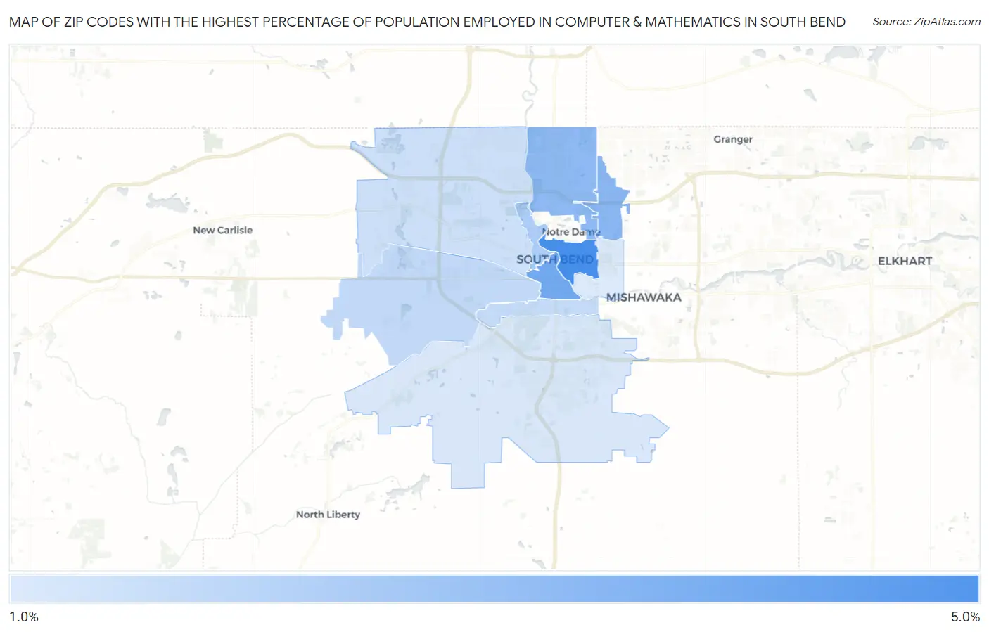 Zip Codes with the Highest Percentage of Population Employed in Computer & Mathematics in South Bend Map