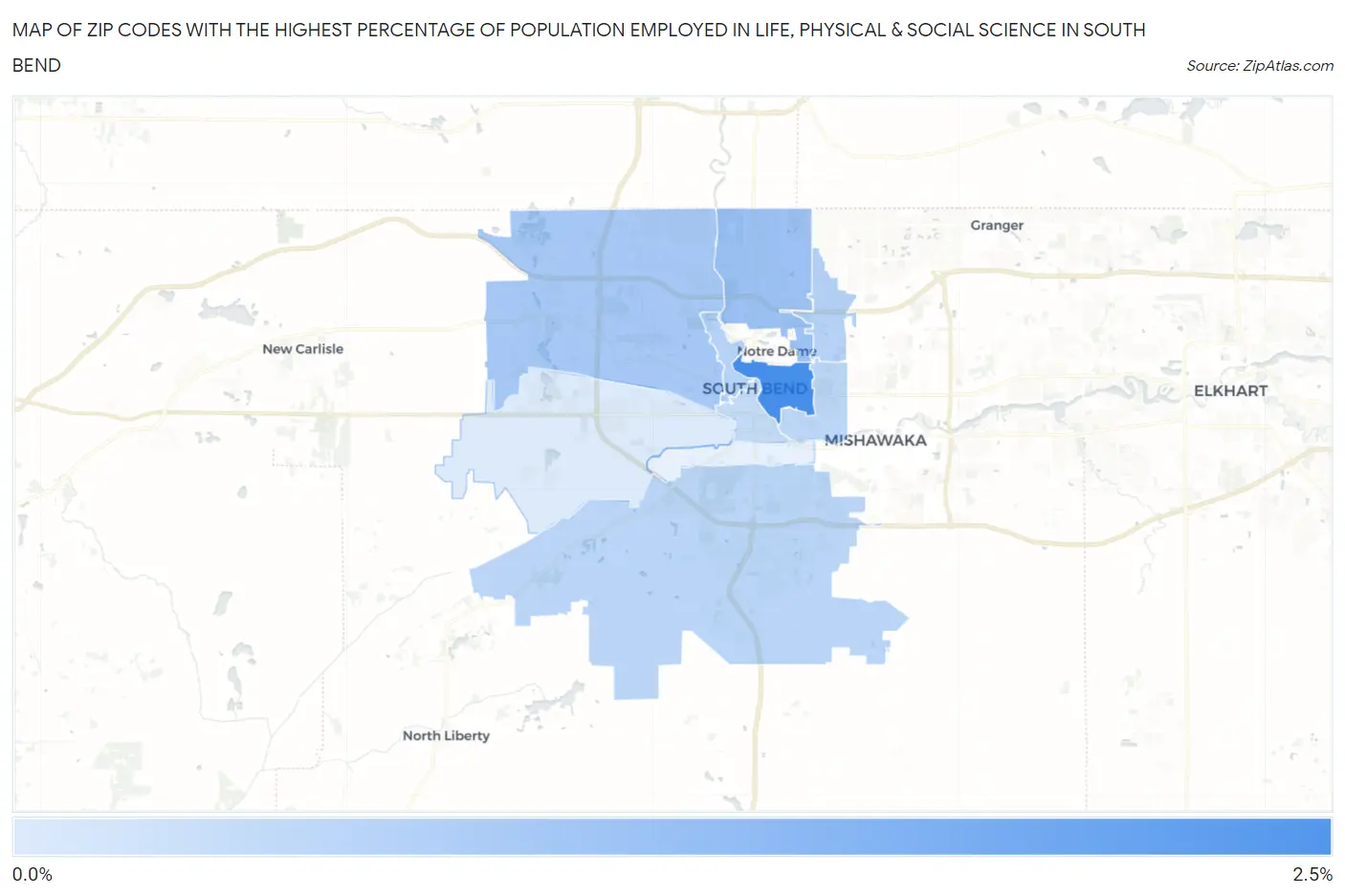 Zip Codes with the Highest Percentage of Population Employed in Life, Physical & Social Science in South Bend Map