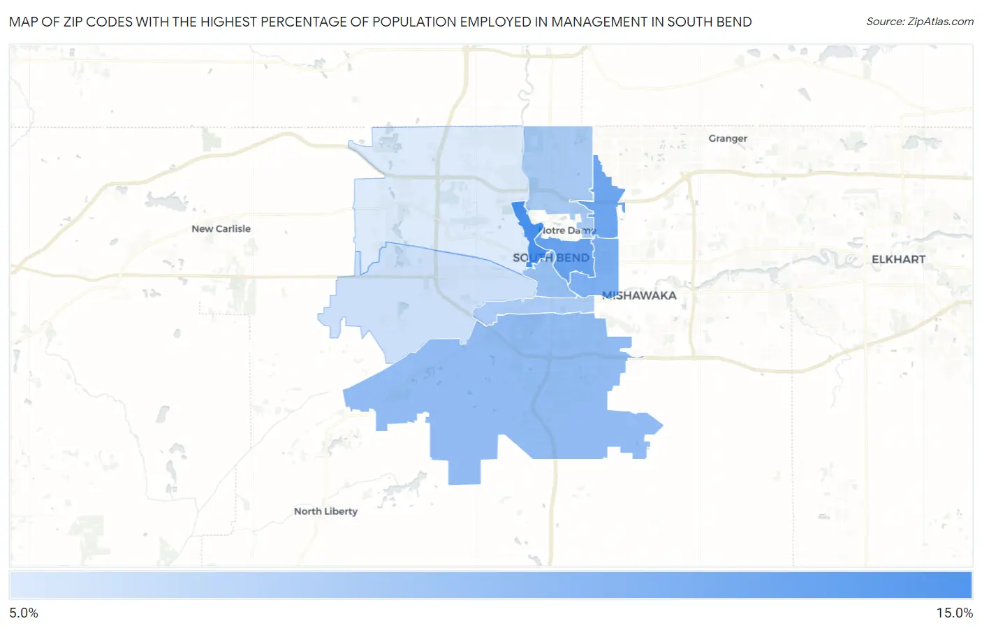 Zip Codes with the Highest Percentage of Population Employed in Management in South Bend Map