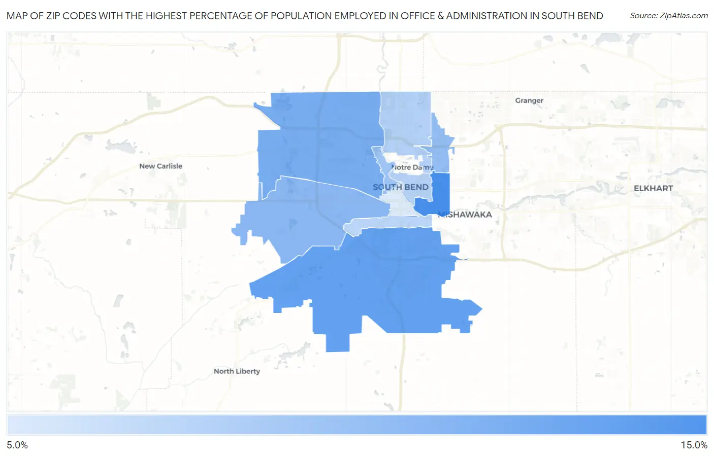 Zip Codes with the Highest Percentage of Population Employed in Office & Administration in South Bend Map