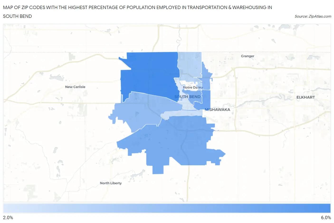 Zip Codes with the Highest Percentage of Population Employed in Transportation & Warehousing in South Bend Map
