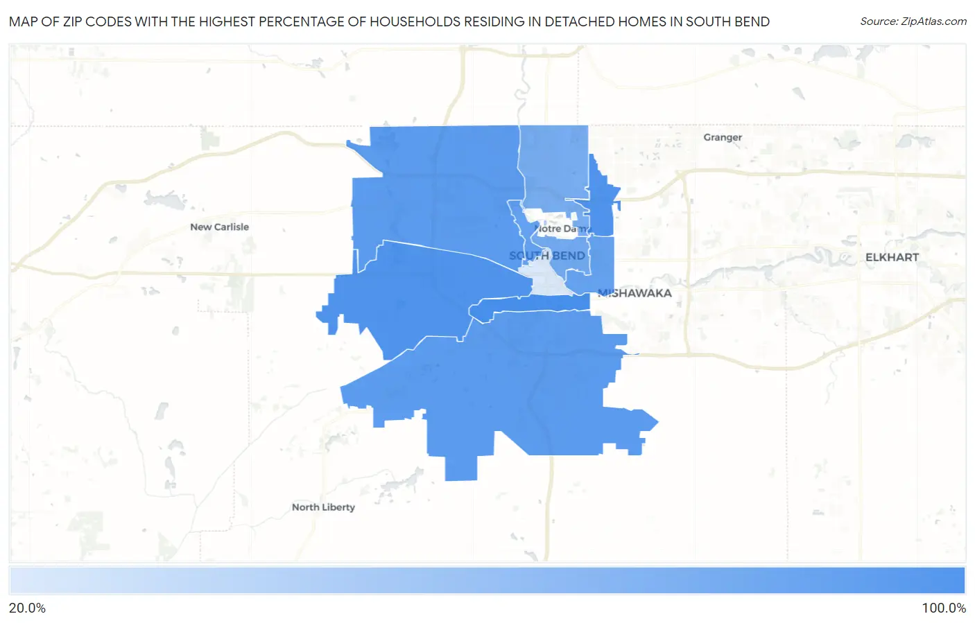 Zip Codes with the Highest Percentage of Households Residing in Detached Homes in South Bend Map