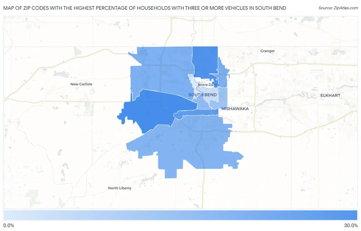 Zip Codes with the Highest Percentage of Households With Three or more Vehicles in South Bend Map