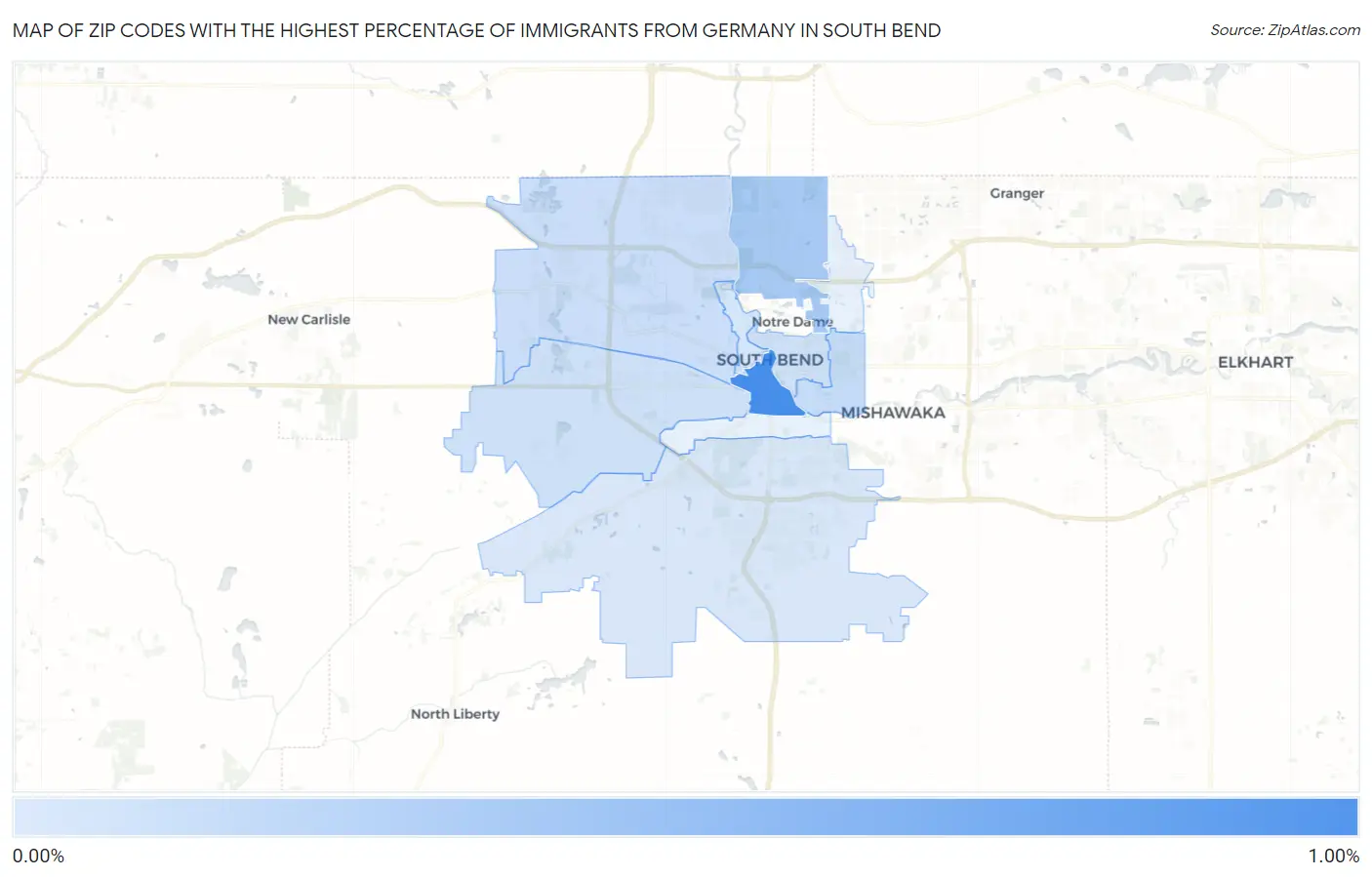 Zip Codes with the Highest Percentage of Immigrants from Germany in South Bend Map
