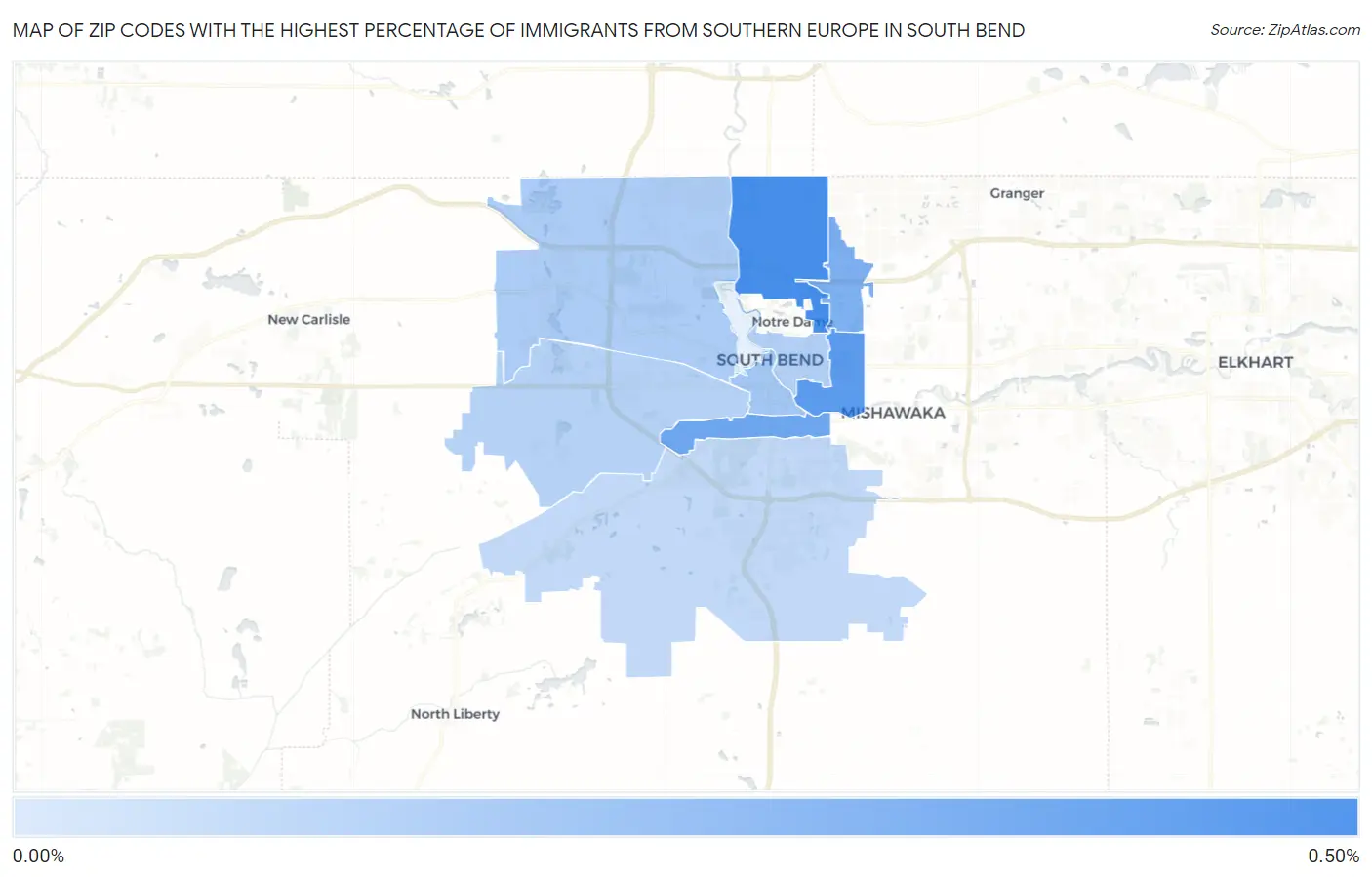Zip Codes with the Highest Percentage of Immigrants from Southern Europe in South Bend Map